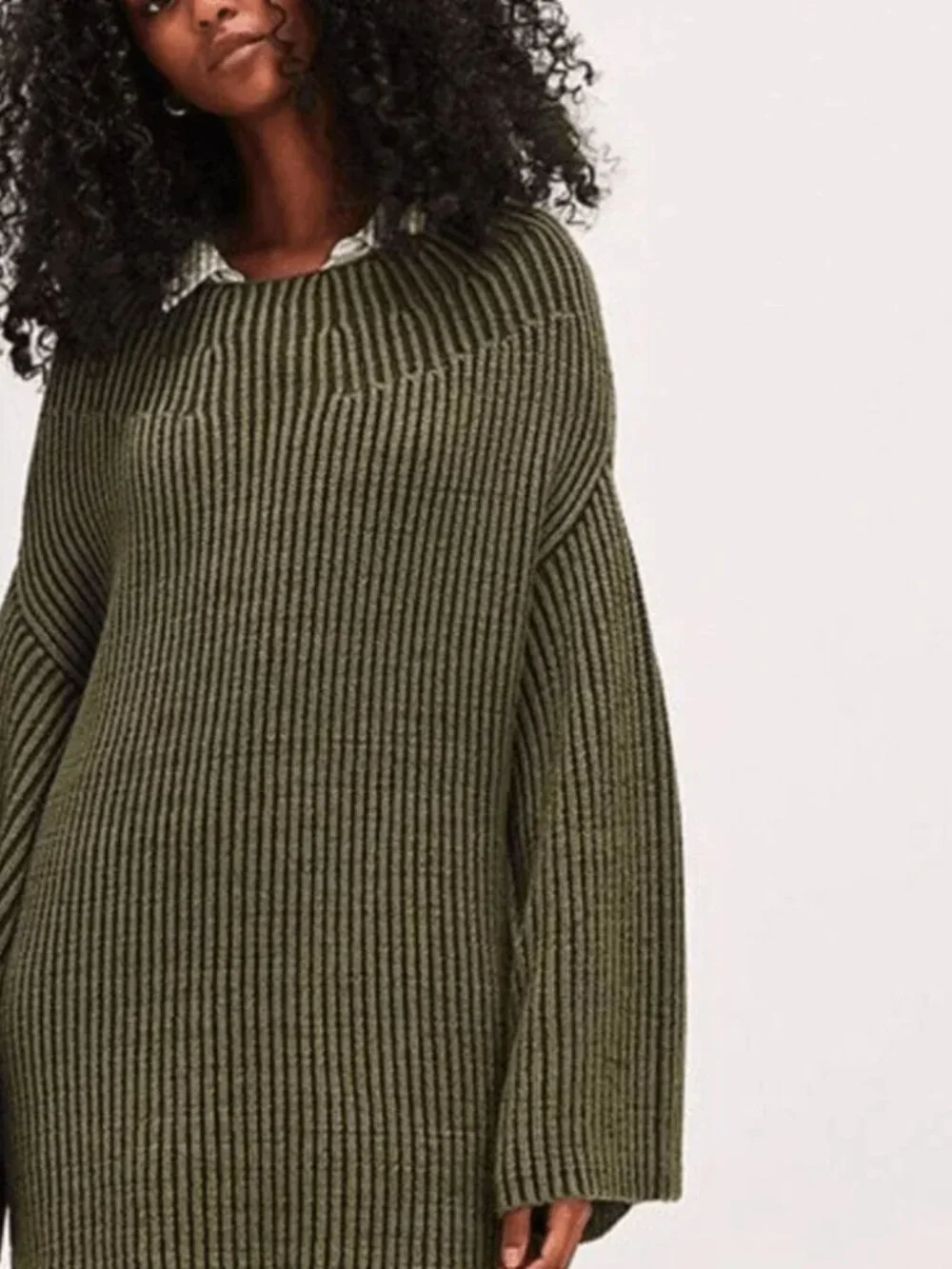 Free People Charlotte Tunic - Olive Green Ribbed Boat Neck Sweater